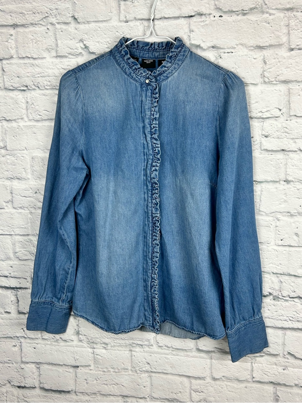 Vero Moda Denim Organic Cotton Ruffle Trim Chambray Shirt Blue Medium